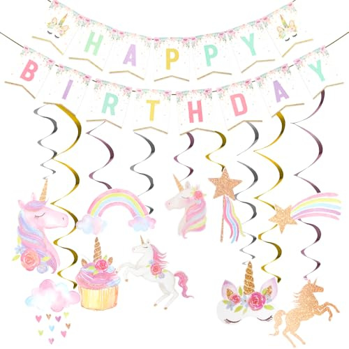 Einhorn Geburtstag Deko Set - Girlande & 10 Spiralen für Mädchen Geburtstagsparty - Bunte Einhorn Geburtstagsdeko Kindergeburtstag Themenparty Hintergrund Dekoration
