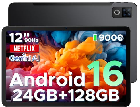 U12 Android 16 Tablet, 12 Inch Tablet, FHD+(2000x1200) 90Hz Large Screen Gaming Tablets, 24GB+128GB (2TB), Gemini AI Octa-Core, 9000mAh/18W, Camera 13+8MP, Widevine L1, 2.4G/5G WiFi, Face ID
