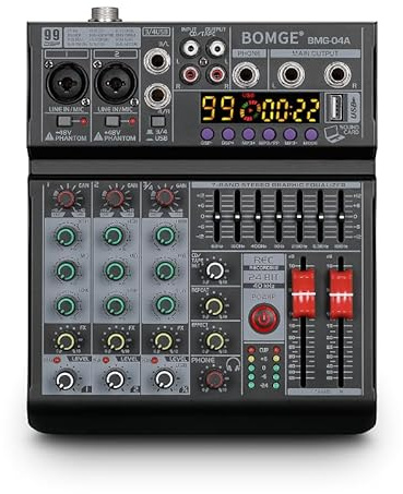 BOMGE Mixer audio 04A, console di mixaggio professionale con USB/Bluetooth/computer/mixer DJ con ingresso stereo a 4 canali, 48 V, Phantom Digital 99, effetto DSP per registrazione su PC, karaoke