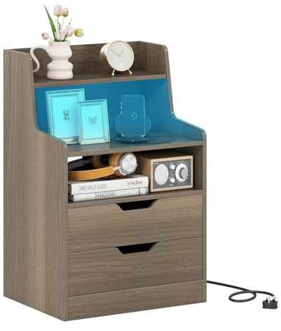 COSTWAY LED Bedside Table with Charging Station, Smart Nightstand End Sofa Side Table with RGB Light Color, 2 Drawers & Storage Shelves, Bedside Cabinet Chest for Living Room Bedroom (1, Grey)