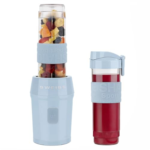 SWEISS Mini-Blender, tragbarer Mixer, Smoothie MOOV6, 2 Trinkflaschen à 570 ml mit Reisedeckeln, 4 Edelstahlklingen, 300 W, spülmaschinengeeignet, Blau