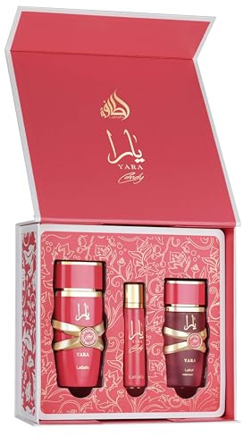 Lattafa Yara Candy Gift Set – 100ml Eau de Parfum, 12ml Travel Perfume & 50ml Hair Mist | Sweet Fruity Creamy Arabic Fragrance for Women | Long-Lasting Perfume Trio