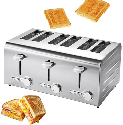 FHRKA Stainless Steel Toaster, 6 Slice with 7 Speed Adjustable Settings, Auto Pop-Up, Removable Crumb Tray, Extra Wide Slots