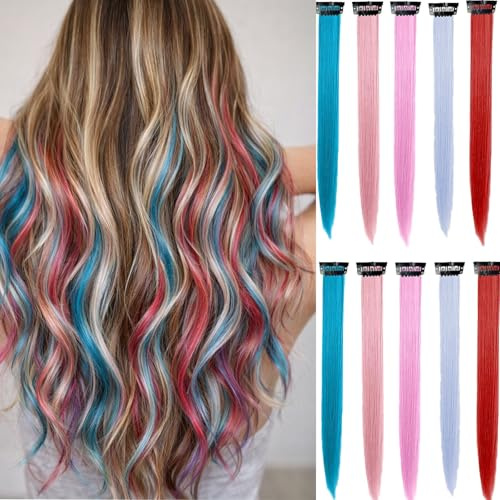 Clip-In Hair Extensions, 10 Long Coloured Strands, 5 Colours, Black Clips | Turquoise-blue, pale pink, bright pink, pale blue and red shades, individual snap attachment, for daily or party hairstyles