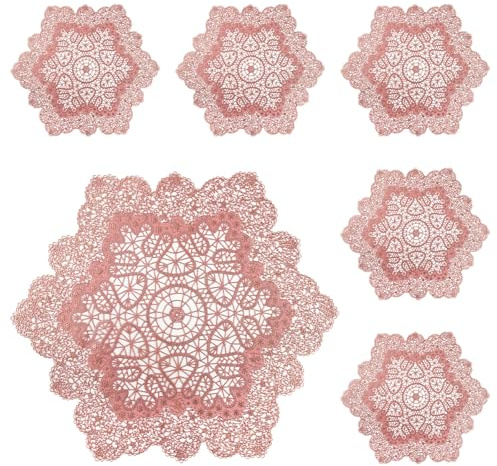 Komforbaa Set di 6 tovagliette rotonde a forma di fiocco di neve, resistenti al calore, lavabili, in vinile pressato, per cucina, tavolo da pranzo, decorazioni per matrimoni e feste, rosa
