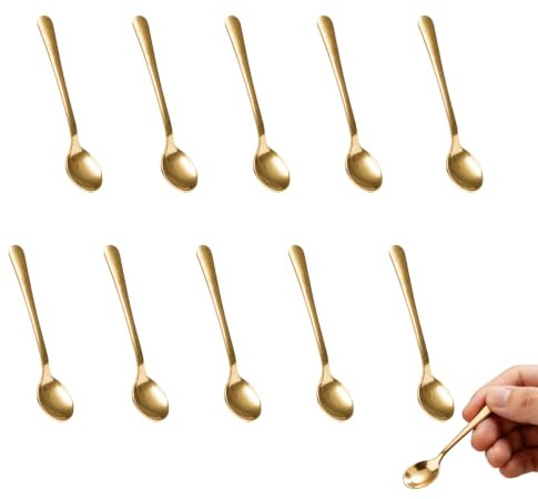 10 cucharas pequeñas de acero inoxidable 304 de Tiny, para especias, sal, azúcar, cucharas de café expreso mini y miel, palas pequeñas para cocina y hogar (7,5 x 1,6 cm, dorada)