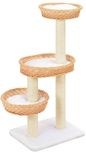 Arbre à chat fabriqué à la main en bois de saule naturel avec troncs en sisal et 3 paniers confortables en osier - Arbre d'escalade avec coussins amovibles pour aiguiser les griffes