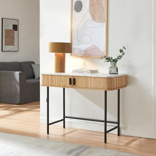 [en.casa] Konsolentisch Tvedestrand Konsole mit 2 Türen Flurtisch Ablagetisch Beistelltisch mit Stauraum 100 x 50 x 76 cm Metallgestell Telefontisch Marmorweiß/Holzfarben