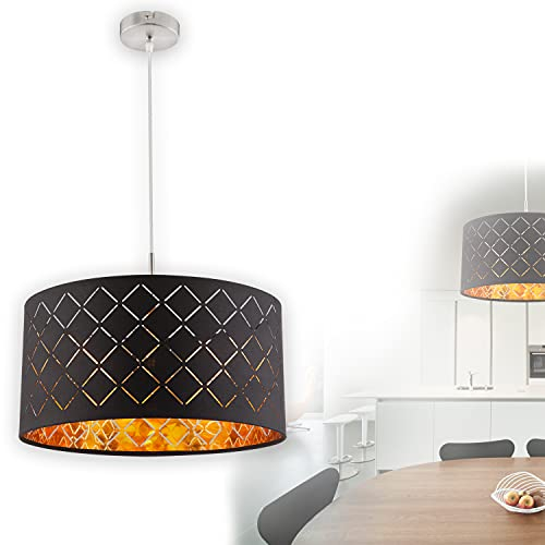 GLOBO Hängelampe Stoff-Lampenschirm 1-Flammig Hängeleuchte Pendelleuchte Schlafzimmerlampe Schwarz Gold (Pendellampe – Wohnzimmerlampe - 40 cm - Höhe 140 cm)