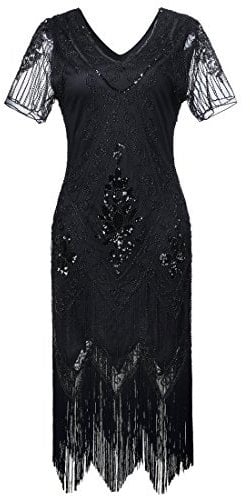 Gatsby 1920s Flapper Dress Women Vintage Sequin Fringe Beaded Art Deco Fancy Dress with Sleeve for Party Prom, Black, M=UK 12-14 | EU 40-42
