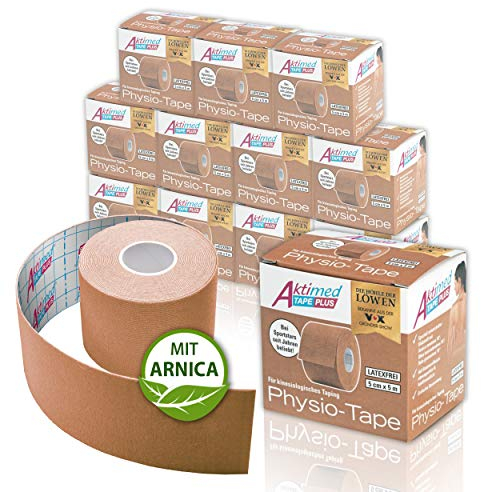 AKTIMED Tape PLUS Kinesiologie Tape – Sporttape mit pflanzlichem Extrakt Arnica D6* – patentiertes Physiotape Dermatest „sehr gut“ – Kinesiologie Tapes elastisch & wasserfest [beige]
