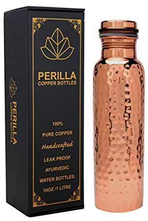 Perilla Home Botella de agua de cobre puro de 34 onzas, a prueba de fugas, 100 % puro, recipiente de cobre ayurvédico, bebe más agua y disfruta de los beneficios para la salud inmediatamente, para