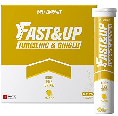Fast&Up Turmeric & Ginger - Natural Curcumin, Super Herbs - Zinc, Ginger & Black Pepper - 100 Effervescent Tablets (4 X 25) - Saver Multipack - Mango Flavour