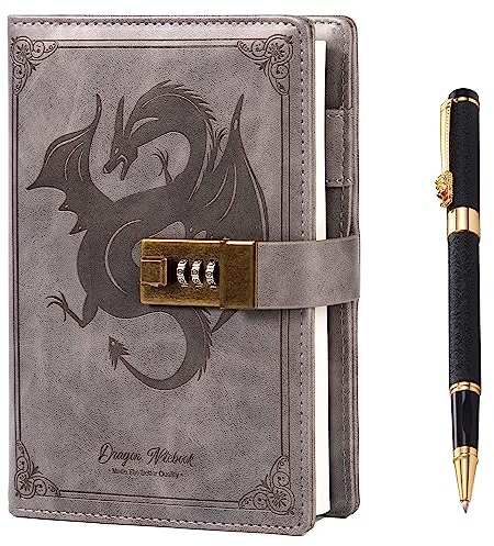 Dragon Leder-Tagebuch mit Stift, Tagebuch mit Zahlenschloss, liniert/blanko Papier Notizbuch, B6 Schreibtagebücher Schreibwaren (Grau)
