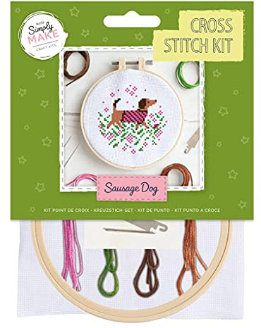 Simply MAKE Kreuzstich-Set – Wursthund-Design für Kinder und Erwachsene, einschließlich Reifen, Stickgarn, Stoff und Nadel, perfekt für Erwachsenen-Bastelarbeiten und Anfänger,