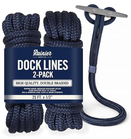 RainierSupplyCo Dock Lines 2-Pack - Boat Rope for Docking with Loop - 25 ft x 1/2 Inch Premium Double Braided Nylon Marine Rope - Mooring Line with 12 Eyelet - Boat Accessories - Navy Blue