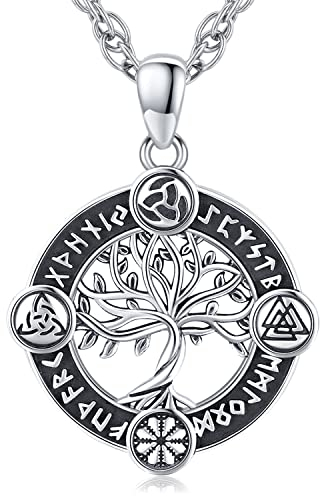 Baum des Lebens Kette 925 Sterling Silber Lebensbaum Wikinger Anhänger Halskette Wikinger Amulett Schmuck Geschenke für Herren Damen, Edelstahl Kette 60cm (A)