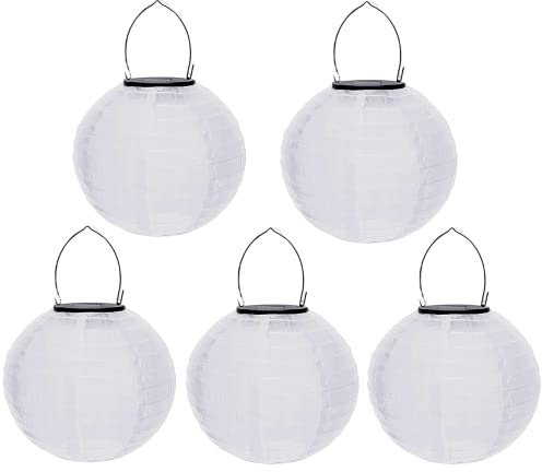 Solar Lampions Außen Wetterfest Solar Lampions Weiß Papierlaterne LED Garten Laterne Solarlampiongs Hängende Garten Lampions Outdoor Gartenlaternen Papierlaterner Nylon Papier Laterne (30cm-5PCS/Weiß)