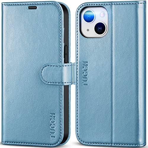 TUCCH Wallet Case for iPhone 14 (6.1) 2022 5G, Magnetic PU Leather Folio Flip Cover with [RFID Blocking][Shockproof TPU][Viewing Stand][Credit Card Slots] Compatible with iPhone 14, Shiny Light Blue