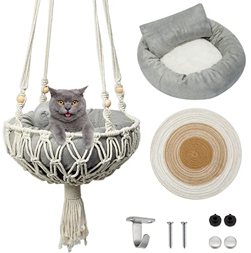 Juexica Makramee-Katzen-Hängematte, inkl. hängendem Kätzchenbett, Kratzkissen, Schaukelbett für kleine Katzen, kleine Hunde (101,6 x 30,5 cm, niedlicher Stil), 3 Stück