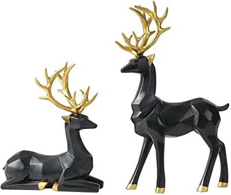 BYNYXI 2 Stück Hirsch Figuren Deko, Paar Hirsche Golden Silber Elch Figur Desktop Ornament Stehender und Liegende Hirsch Dekofiguren Dekoration Glücksbringer Ornamente für Büro Schlafzimmer 13cm-19cm