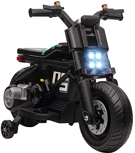 HOMCOM Moto Elettrica per Bambini 6V con Rotelle, Clacson, 4 Fari e Musica, Motorino Elettrico per Bambini 3-5 Anni in PP e Metallo, Velocità 3 km/h, 86x44x58 cm, Nera