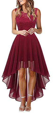 Robe en Dentelle pour Femmes Bow Belt Robe de Longueur irrégulière élégante Robe en Mousseline de Soie sans Manches Robe de soirée Cocktail de Demoiselle d'honneur Robe Rose Poudré Longue