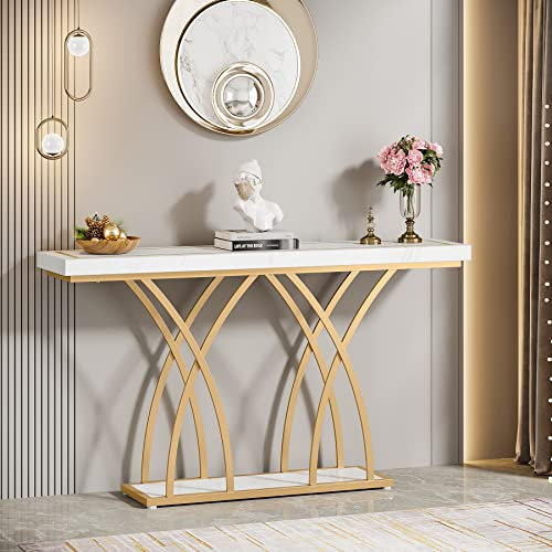 Tribesigns Table console dorée de 140 cm, table d'entrée moderne en faux marbre derrière le canapé, table de couloir étroite longue avec pieds géométriques en métal pour entrée, salon, blanc et doré