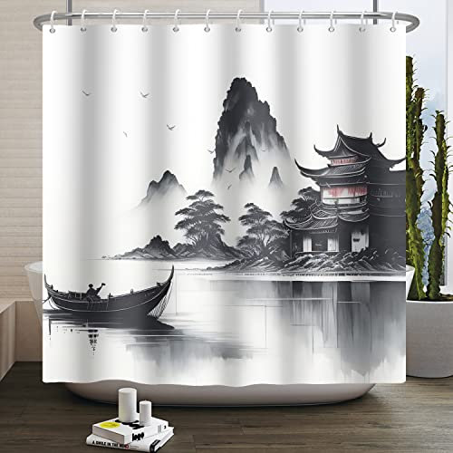 SDOTPMT 180x213cm Rideau de Douche à l'Encre Asiatique Style Japonais - Brouillard, Bateau de Montagne, Oie - Nature Extérieure - Salle de Bain - Crochet Décoratif