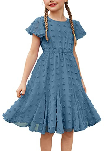 Flypigs Vestito da Principessa per Ragazze Vestito da Spiaggia Elegante Vestito Estivo Carino al Ginocchio in Chiffon Manica Corta Blu Navy 9-10 Anni