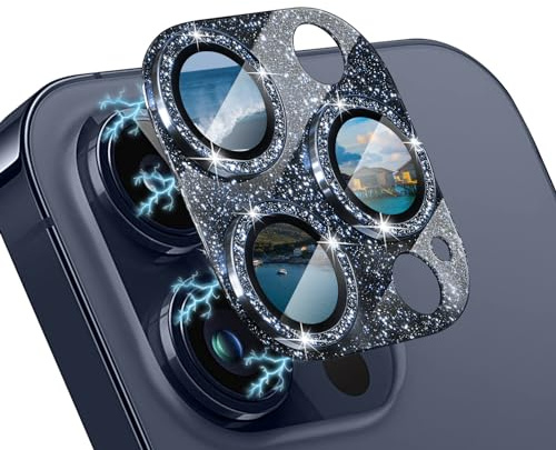 WoPail Camera Lens Protector for iPhone 15 Pro/15 Pro Max, Lens Protectors Bling Glitter Tempered Glass Cover, HD Clear, Anti Scratch Camera Cover for iPhone 15 Pro/15 Pro Max - Blue