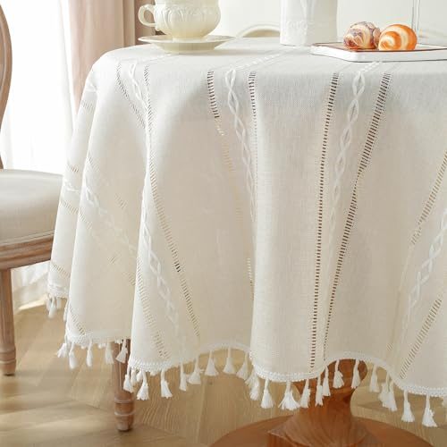 meioro Böhmische Runde Tischdecke für Küche Dekoration, 140cm Makramee Tischtuch mit Quasten, Kreis Leinen Tischwäsche, Gestreifte Tafeldecke Mesh Tischdecken für Esstisch Tabletop (Elfenbein Weiß)