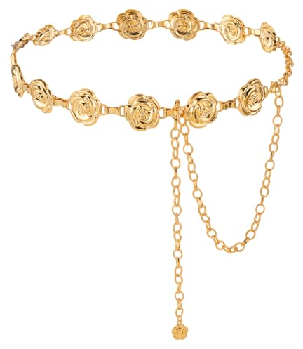 TIESOME Rosen Taillenkettengürtel für Damen, verstellbarer Blumen Braut Hochzeitsgürtel floraler schmaler Metall Taillengürtel für Kleider(Gold)