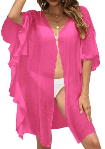 Baynetin Robe de Plage Femme Sexy Ete, Beach Vacation Maillot de Bain Bikini Cover-Up Volants Demi Manches Cardigan (Rose Rouge)