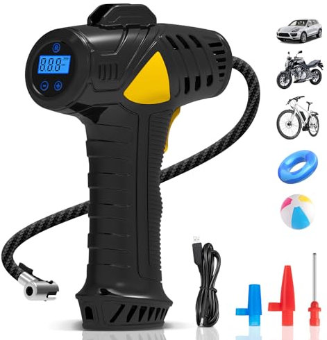 LVELFE Cordless Tyre Inflator Air Compressor,Digital Tyre Inflator,12V USB Rechargeable Battery,150PSI Pistol-Style Design,with LED Light and 3 Nozzle Adaptors,Car Pumps for Car Tyres,Motorcycle,Ball