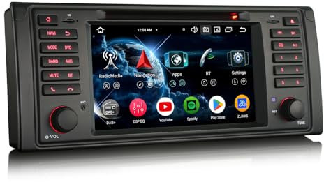Erisin 7 Pulgadas Pantalla Táctil 8 Núcleos 4GB+64GB Android 14 GPS Navegación Radio Coche para BMW Serie 5 E39 M5 Soporte Bluetooth 5.0 CarPlay Inalámbrico Android Auto WiFi DSP DAB+TDT USB FM RDS CD
