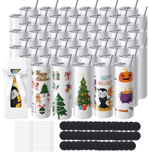 VEVOR 50 Pack Straight Sublimation Tumblers, 20 oz Blank Tumbler Bulk, Stainless Steel Double Wall Tumbler Cups with Straw, Lid, Brush, Base, Shrink Wrap, Gift Box, for Heat Press and Heat Transfer