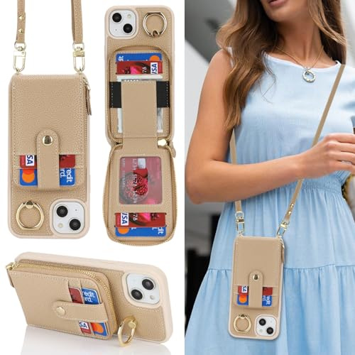 SailorTech iPhone 14 Plus Case Ring Stand with Card Holder for Women, iPhone 14 Plus Leather Case Wallet Crossbody with Kickstand Credit Card Zipper Case for iPhone 14 Plus-Beige