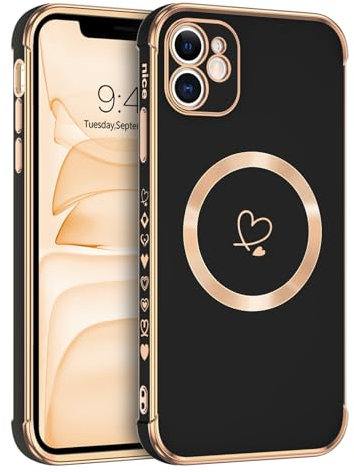 Telaso Magnetische Hülle für iPhone 11, Handyhülle für iPhone 11 Niedliches Herz Muster [ Kompatibel mit MagSafe ] Weiche Plattierung Abdeckung für Frauen, Schutz der Kamera, Schwarz