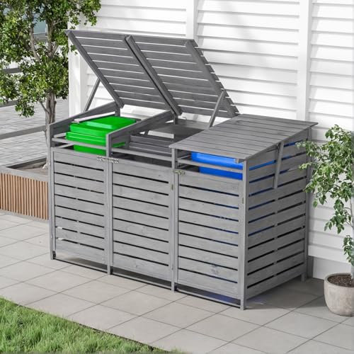 Warmiehomy Wheelie Bin Storage 3 Wheelie Bin Storage Outdoor Bins Shed 3 Bins Wooden Wheelie Trash Can Hideaways Garden Store 198cm x 86cm x 122cm