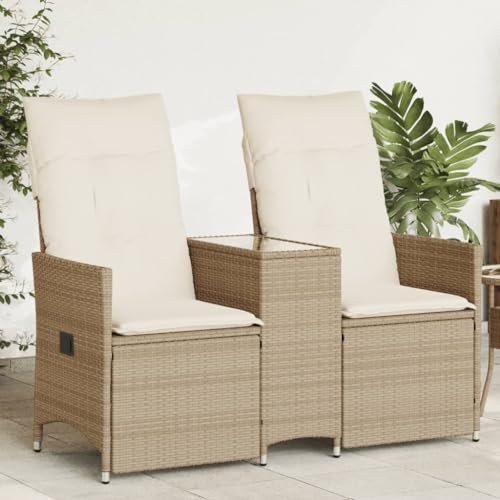 Kangmusi Gartensofa 2-Sitzer Verstellbar mit Tisch Beige Poly Rattan,365713