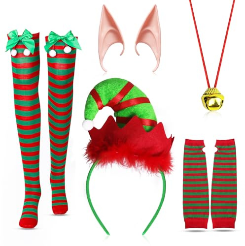 5 Stück Damen Elfen Kostüm Weihnachtself Kostüm Zubehör Set mit Elf Haarreif Elfen Lange Socken Fingerlose Armstulpen Elf Ears Halskette,Damen Weihnachtself Kostüm für Weihnachten Karneval Cosplay