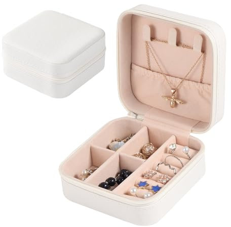 HonGien Schmuckschatulle Reisen Schmuckbox Damen Klein Reise Schmuck Etui Tragbarer Reise Schmuckbox jewellery box small für Ohrringe, Ringe, Ohrstecker, Kette (Weiß)