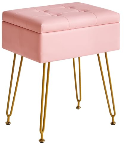 IBUYKE Multifunzionale Stoccaggio Vanity Sgabello con Flip Table, Gambe in Metallo Regolabili & Pelle PU - 40x30x48cm Poggiapiedi ottomano per Trucco, Soggiorno, Ingresso Rosa WBD014P