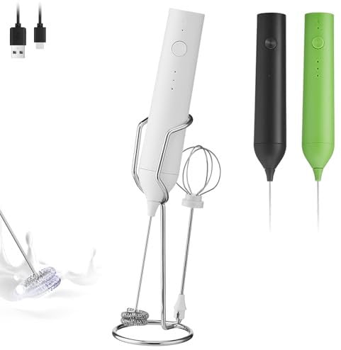 ELMWAY Rechargeable Milk Frother – Handheld Foam Maker with 3-Speed Control, USB-C Charging, 2 Interchangeable Whisk Heads, Long-Press Stop –White Coffee Frother with Stand