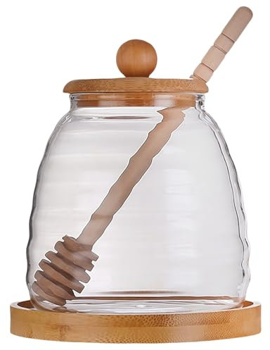 Glass Honey Pot Honey Jar with Spoon and Lid Glass Honey Equipped with wood Honey Stick And tray, For home kitchens (1, A)