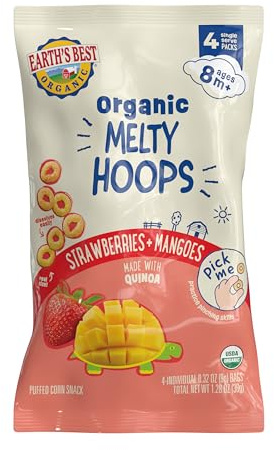 Earth's Best Organic Melty Hoops, Bite-Sized Snacks for Babies 8 Months and Up, Strawberry and Mango, 0.32 Ounce Individual Bags (Pack of 4)