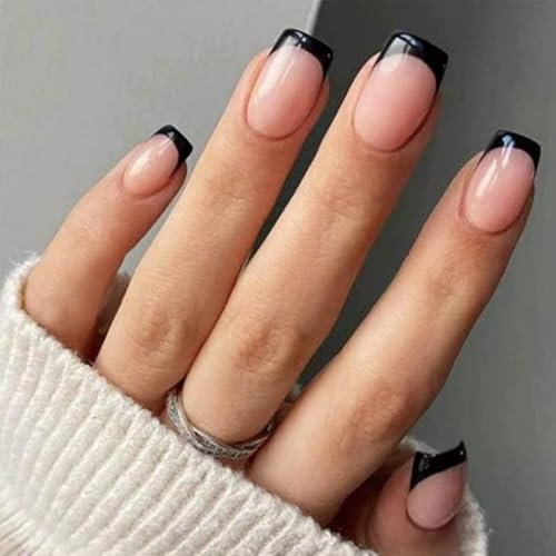 24pcs Short Square False Nails French Tip Black Edge Removable Glue-on Nails Acrylic Full Cover Fake Nails Set Women Nail Art Accessories 0340Y01