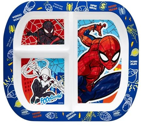 OM SUPPLIES Spiderman Rectangular 3 Section Divided Breakfast Lunch Dinner Plate Reusable Childrens Kids Toddlers (Spiderman)