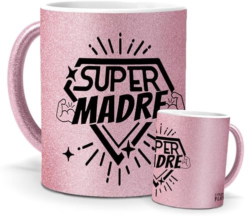 mundohuevo Taza SUPER MADRE | Regalo Mamá | Edición Purpurina Rosa | Cerámica Glam Rosa | Tazas para Leche, Café, Té... | 350 ML